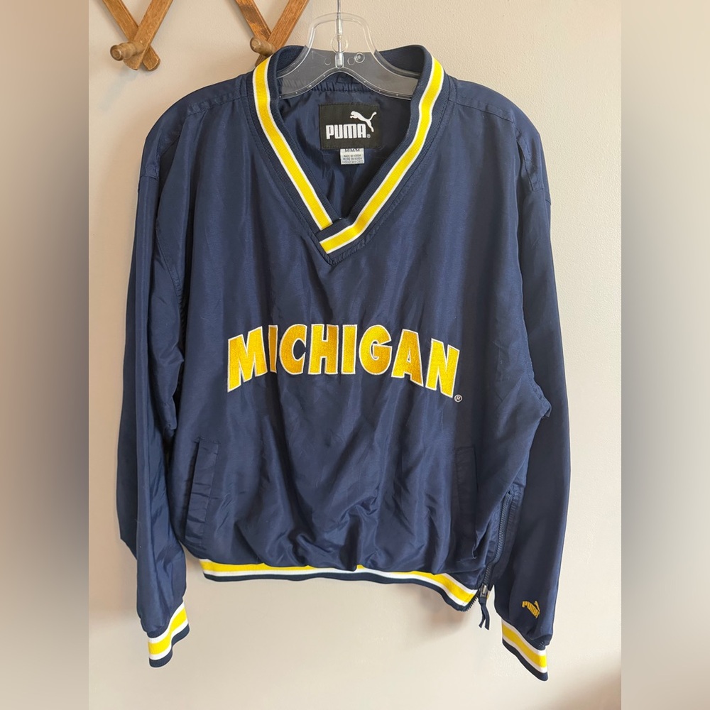 Puma Michigan Wolverines Vintage V-Neck Windbreaker Navy Blue Size M